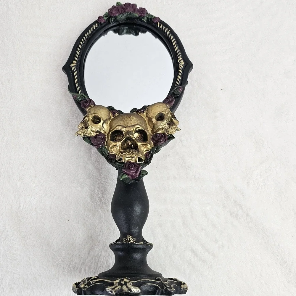 Halloween Gothic CHRISTIAN SIRIANO Tabletop Black/Gold Triple Skull Mirror 14.5